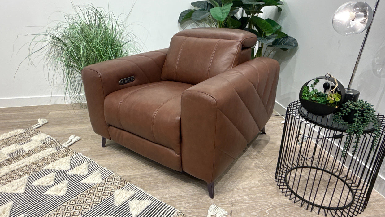 Sofology Allure Leather Power Recliner Chair + Power Headrest in Trusty Embossed Chestnut