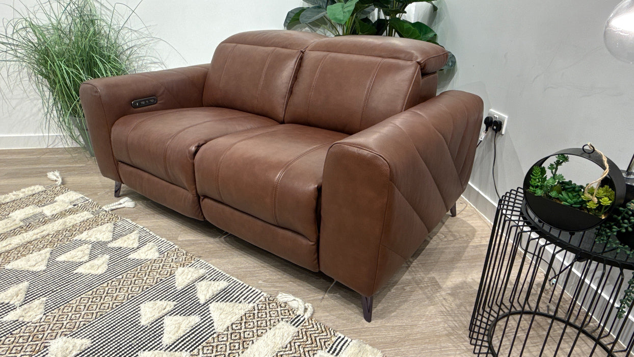Sofology Allure 2 Seater Leather Sofa Power Recliner + Power Headrest in Trusty Embossed Chestnut