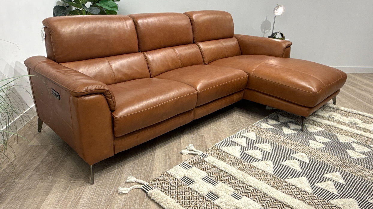 Sofology Illinois Leather 3 Seater Chaise Power Recliner/Headrest in Relaxed Soft Tan