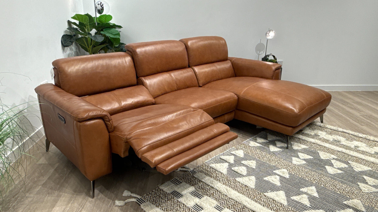 Sofology Illinois Leather 3 Seater Chaise Power Recliner/Headrest in Relaxed Soft Tan