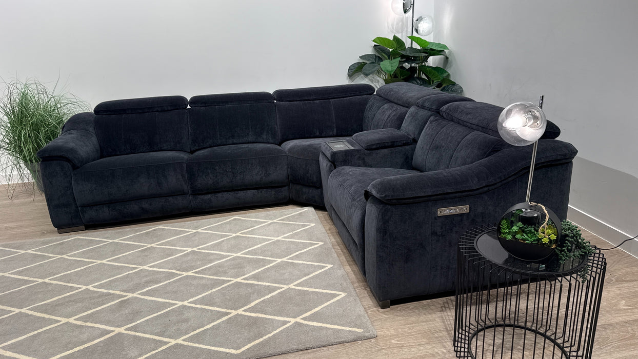 Sofology Carrera 3 Corner Smart Console, 1.5 Seater Fabric Sofa Power Recliner + Power Headrest in Relaxed Chenille Ink