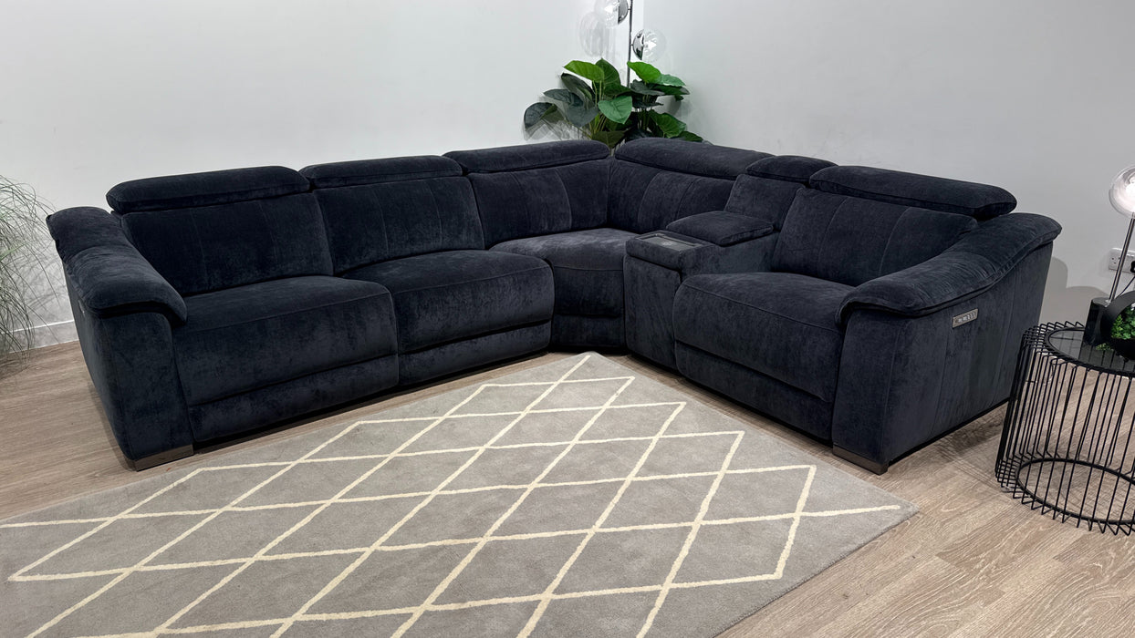 Sofology Carrera 3 Corner Smart Console, 1.5 Seater Fabric Sofa Power Recliner + Power Headrest in Relaxed Chenille Ink