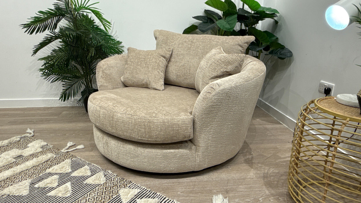 Sofology Majestica Fabric Cuddler Swivel Chair in Teddy Chenille Natural