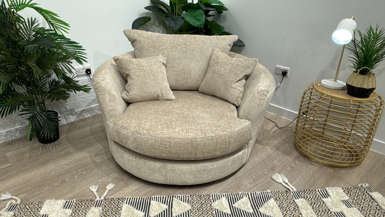 Sofology Majestica Fabric Cuddler Swivel Chair in Teddy Chenille Natural