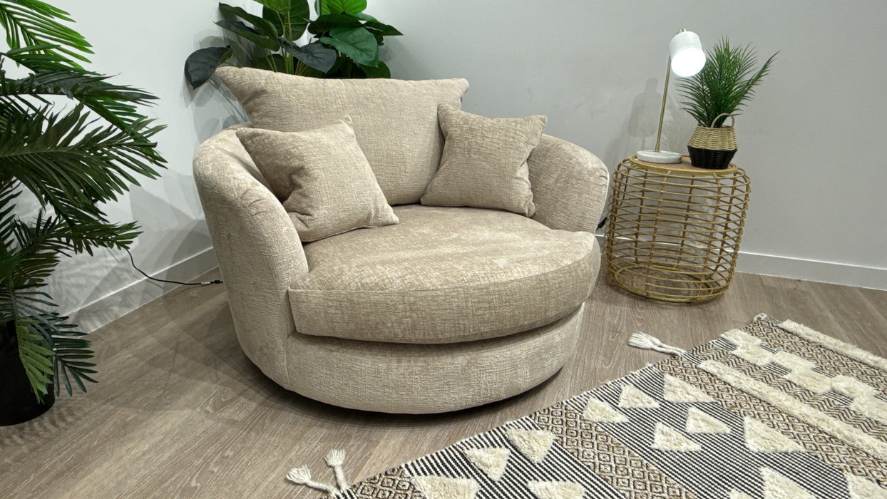Sofology Majestica Fabric Cuddler Swivel Chair in Teddy Chenille Natural
