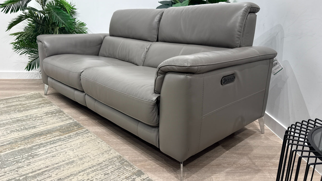 Sofology Illinois Leather 3 Seater Power Recliner/Headrest in Trusty Soft Sheen Fossil Grey