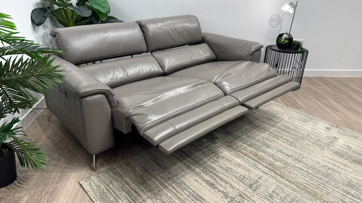 Sofology Illinois Leather 3 Seater Power Recliner/Headrest in Trusty Soft Sheen Fossil Grey