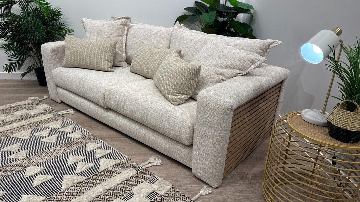 Sofology Cove Fabric 3 Seater Light Wood Panel in Artisan Chenille Ecru Mix