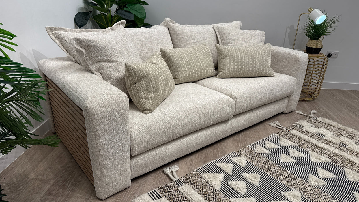 Sofology Cove Fabric 3 Seater Light Wood Panel in Artisan Chenille Ecru Mix