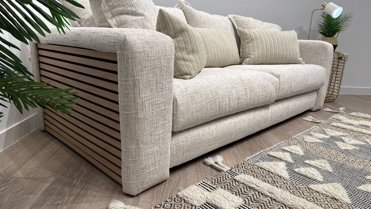 Sofology Cove Fabric 3 Seater Light Wood Panel in Artisan Chenille Ecru Mix