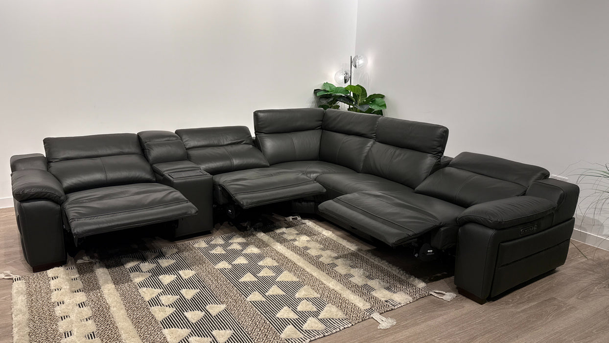 Sofology Portland Leather 3 Console Corner 3 Power Recliner/Headrest Heated Seats in Trusty Embossed Charcoal