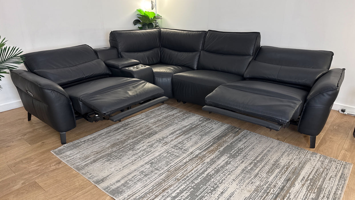 Sofology The Priestley 1.5 Console Corner 3 Recliner in Trusty Sheen Leather Jet Black