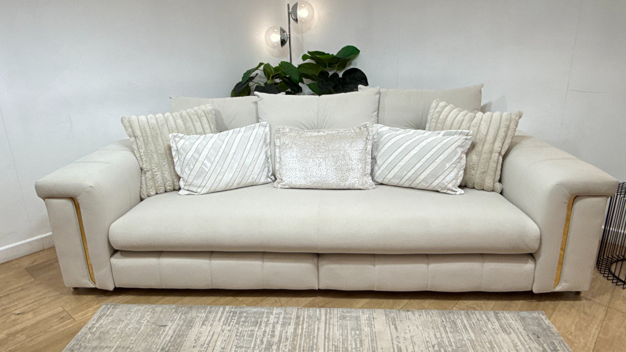 Sofology Oscar Fabric 4 Seater Split Gold Trim in Super Matt Velvet Ecru Mix