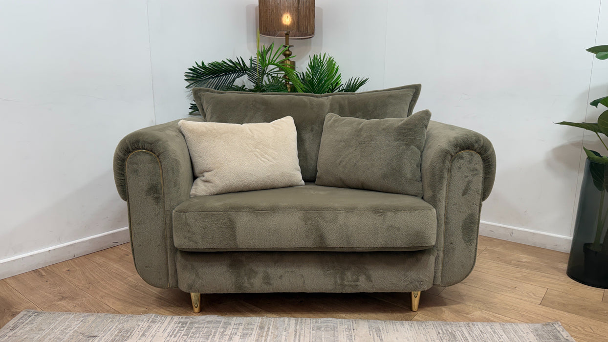 Sofology Chamonix Loveseat in Sample Soft Short Pile Faux Fur Sage Mix
