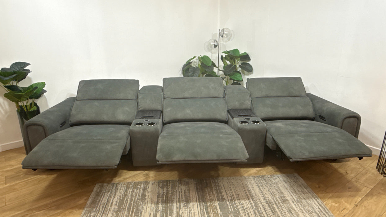 Sofology Premiere Fabric 3 Seater Cinema Sofa Consoles Power Recliner/Headrest x 3 in Lifestyle Flecked Mineral Green