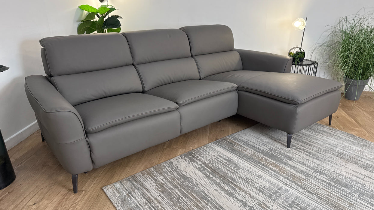 Sofology The Viento Leather 3 Seater Chaise Power Recliner/Headrest Lumbar Support Heated Seats in Trusty Super Matt Storm Grey