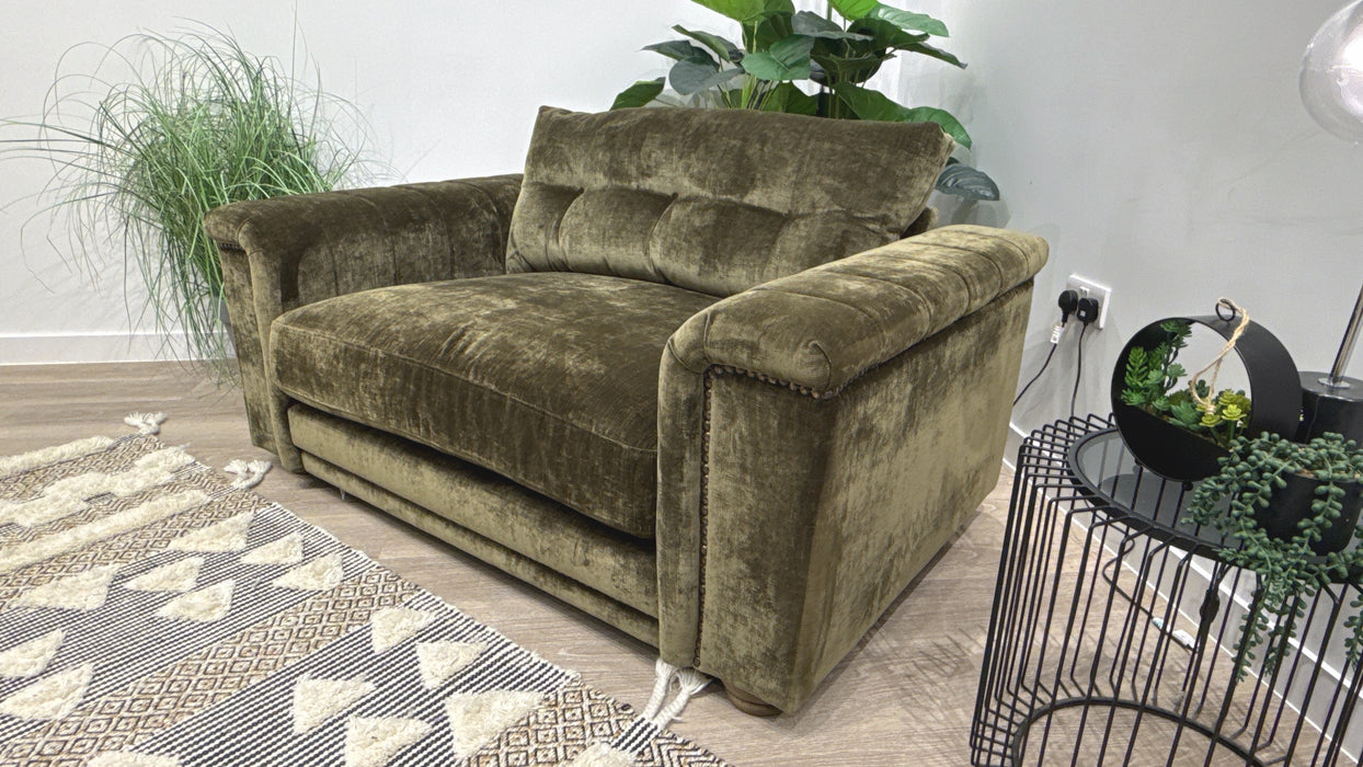 Sofology Regency Fabric Loveseat Foam Seat with Studs in Luxe Chenille Olive Mix