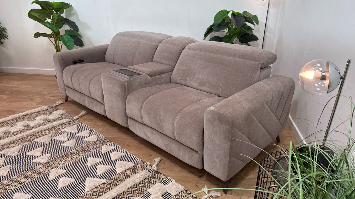 Sofology Allure Fabric 2.5 Seater Screen Console Power Recliner/Headrest Heated Seats Lumbar Support Speakers in Relaxed Chenille Nutmeg