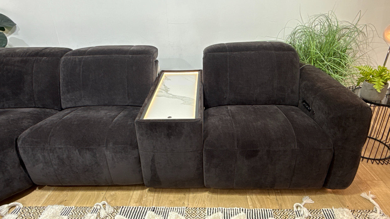 Sofology Lumiere Fabric 3 Corner 3 Console Power Recliner/Headrest Heated Seats in Relaxed Chenille Raisinric