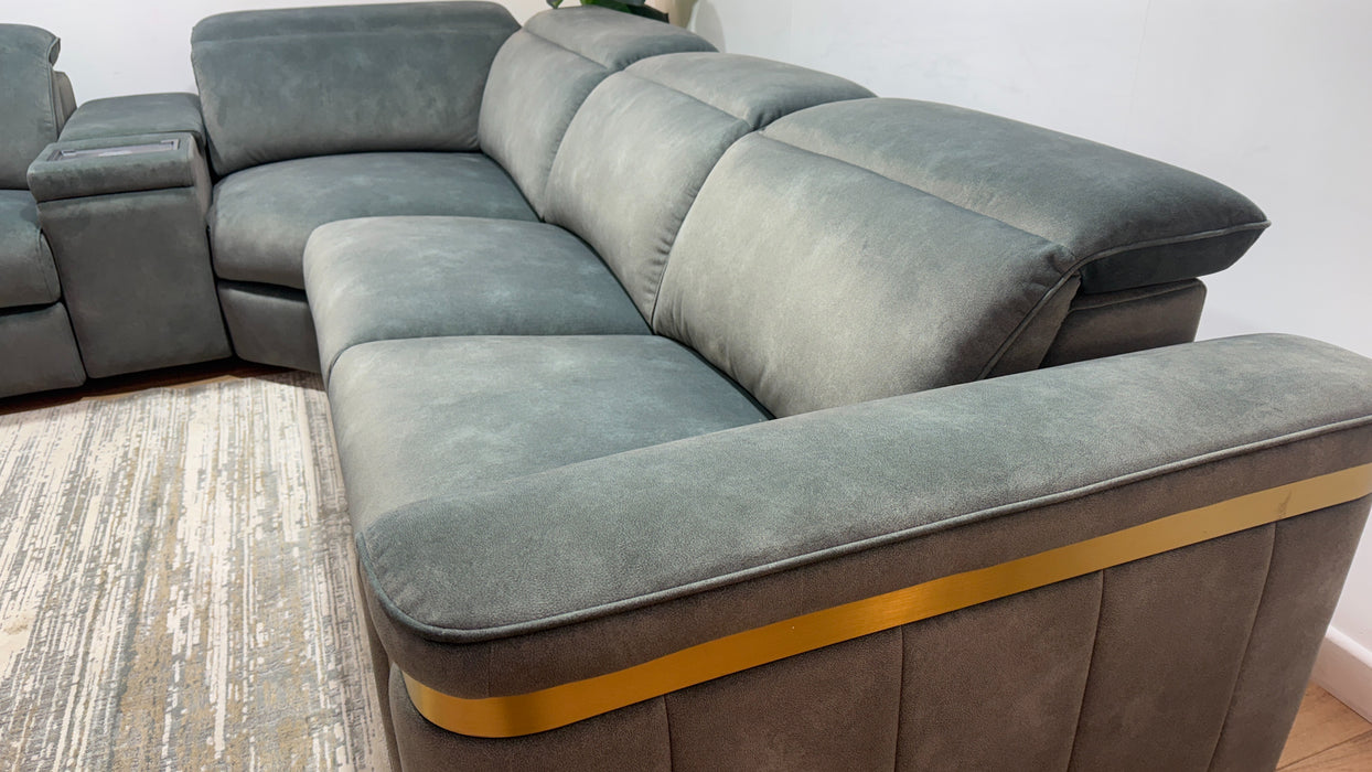 Sofology Plaza Fabric 3 Corner Smart Console 3 Power Recliner/Headrest Heated Seat in Lifestyle Flecked Mineral Green