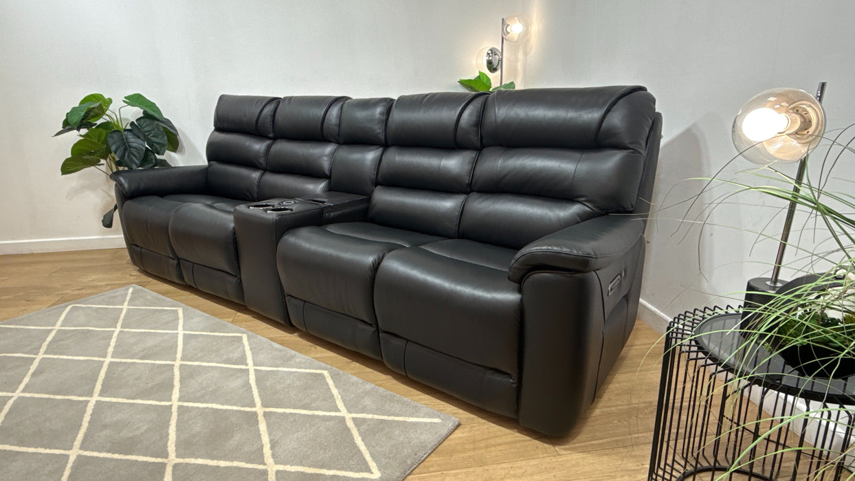 Sofology Cleveland 4 Seater Leather Power Recliner, Heated Seats, Lumbar + Console in Trusty Embossed Jet Black