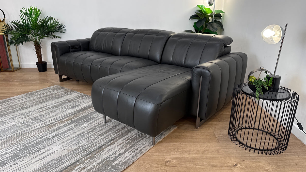 Sofology The Paramount Leather 4 Seater Chaise Power Recliner/Headrest Speakers in Trusty Embossed Charcoal