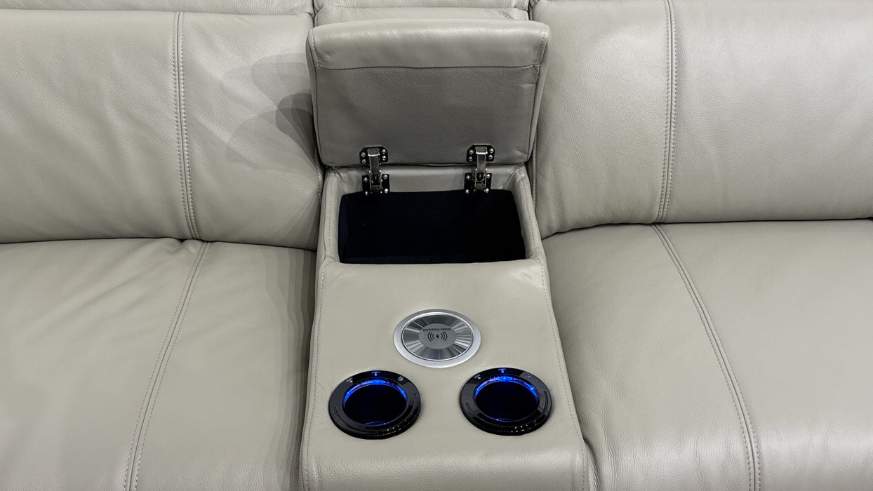 Sofology Allure Leather 3 Seater Power Recliner/Headrest Heated Seats Lumbar Support Speakers in Trusty Embossed Light Grey