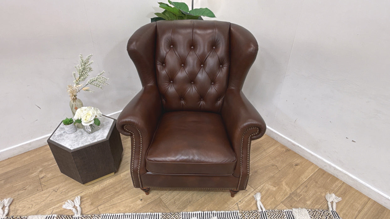 Sofology Darcy Leather Accent Wing Chair with Studs in Trusty Supersoft Sheen Chestnut