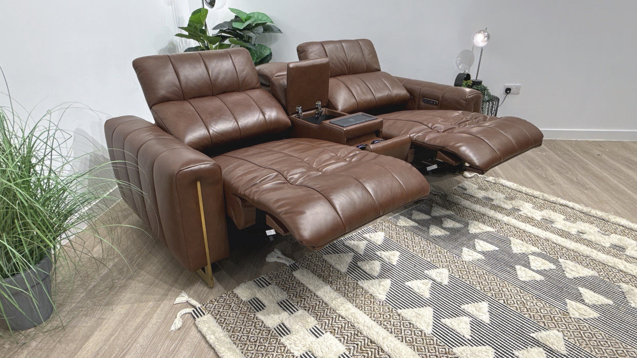 Sofology Paramount Leather 2.5 Seater Console Power Recliner/Headrest Speakers Heated Seats in Trusty Embossed Chestnut