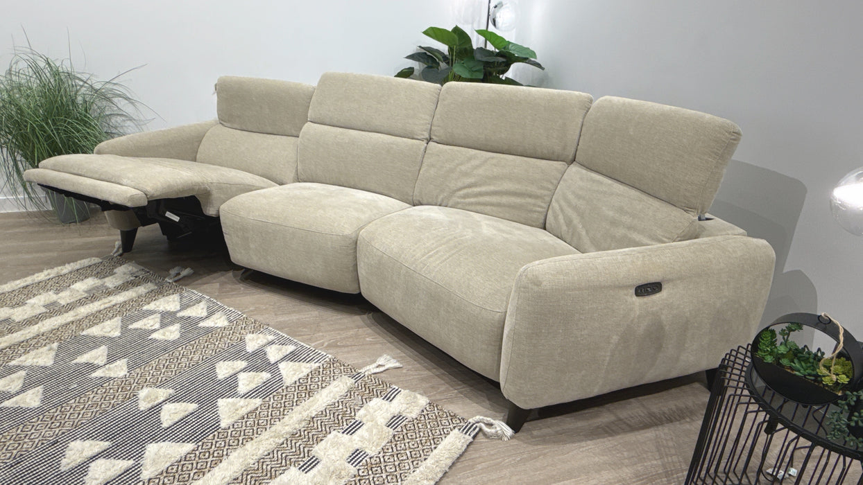 Sofology Larsen Fabric 4 Seater Asymmetrical Power Recliner/Headrest in Chunky Linen Look Chenille Pebble
