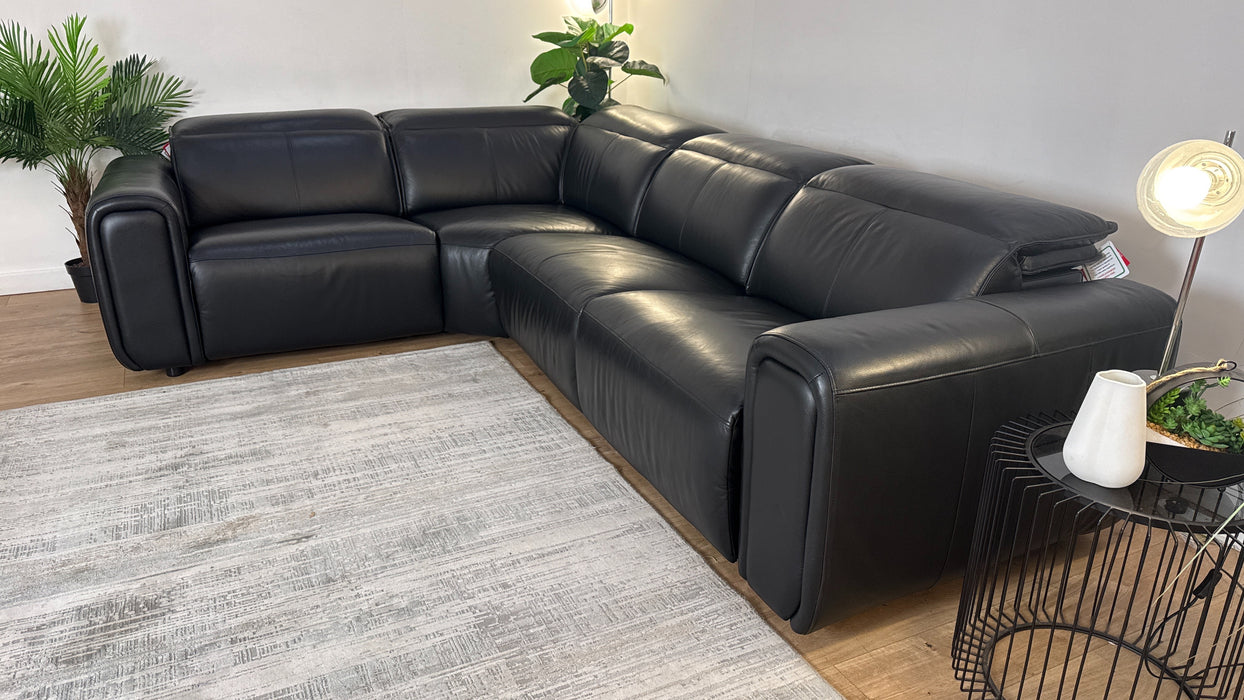 Sofology Premiere Leather 1.5 Corner 3 Power Recliner/Headrest in Trusty Embossed Jet Black