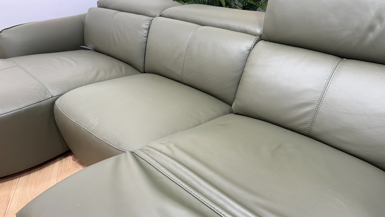 Sofology Serene Leather Chaise 3 Seater Power Recliner/Headrest in Trusty Matt Olive