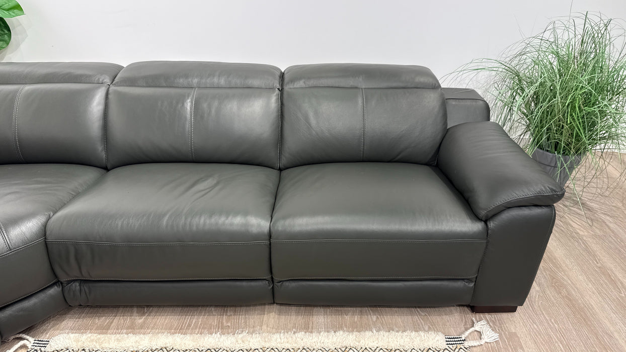 Sofology Portland Leather 3 Console Corner 3 Power Recliner/Headrest Heated Seats in Trusty Embossed Charcoal