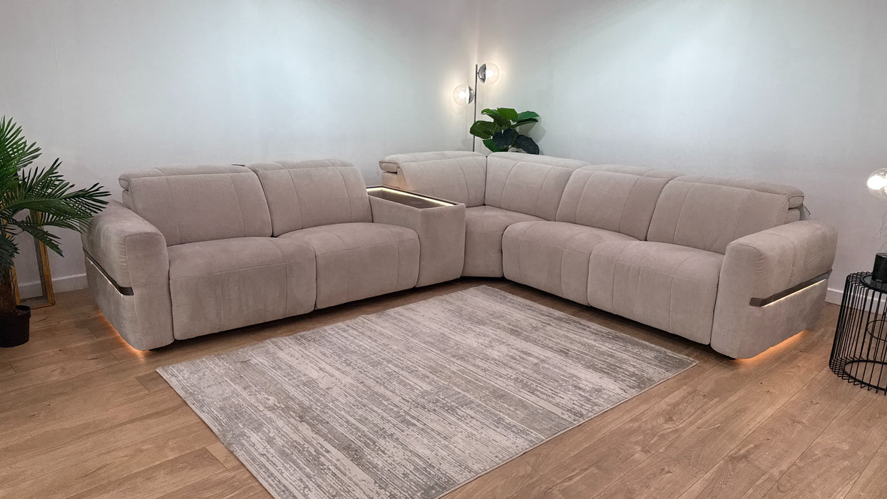 Sofology Lumiere Fabric 3 Console Corner 3 Power Recliner/Headrest Gunmetal Trim in Relaxed Chenille Cotton