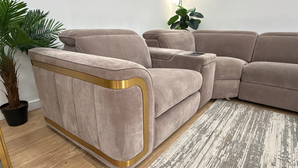 Sofology Plaza Fabric 1.5 Smart Console Corner 3 Power Recliner/Headrest Heated Seats in Relaxed Chenille Nutmeg