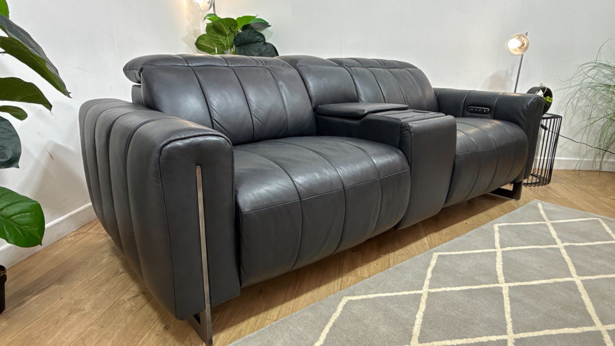 Sofology Paramount Leather 2.5 Seater Console Power Recliner/Headrest Speakers in Trusty Embossed Navy