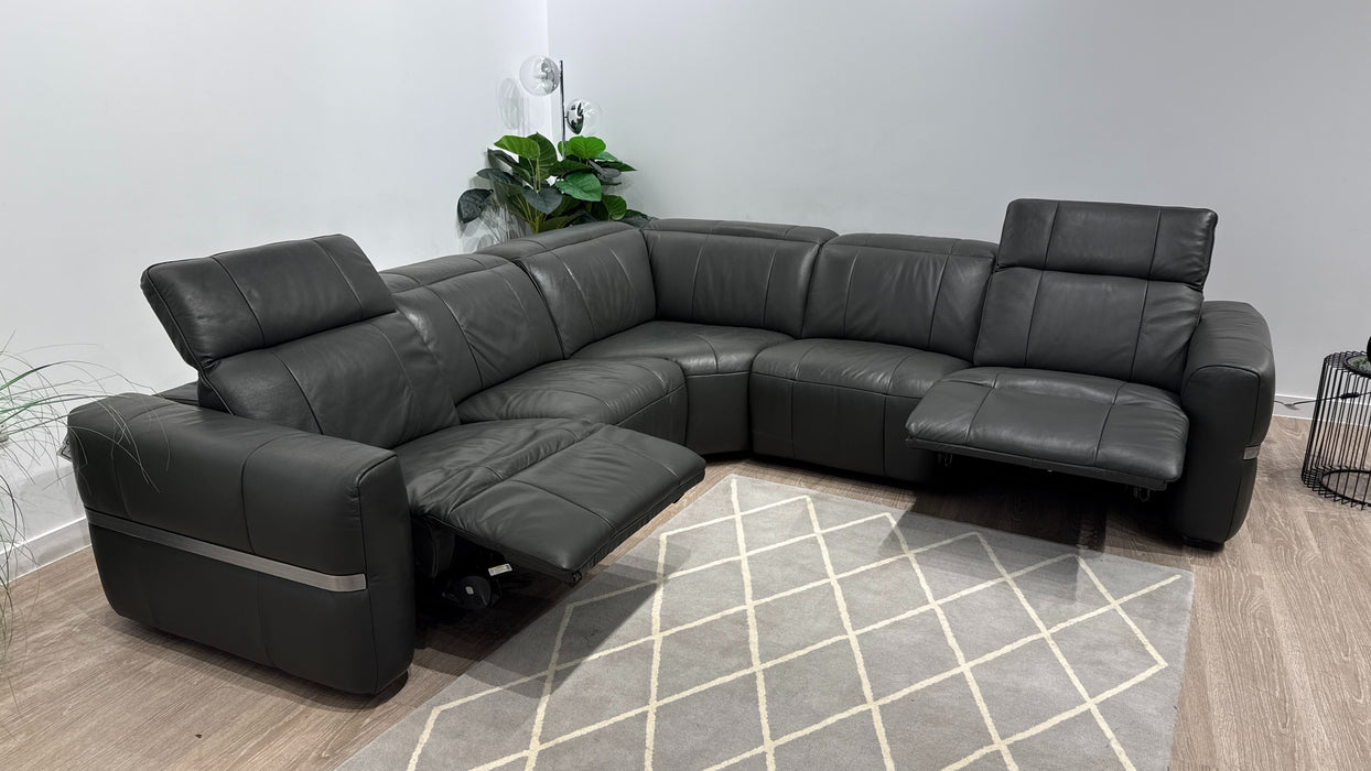 Sofology Lumiere Leather 3 Corner 3 Power Recliner/Headrest in Trusty Embossed Charcoal
