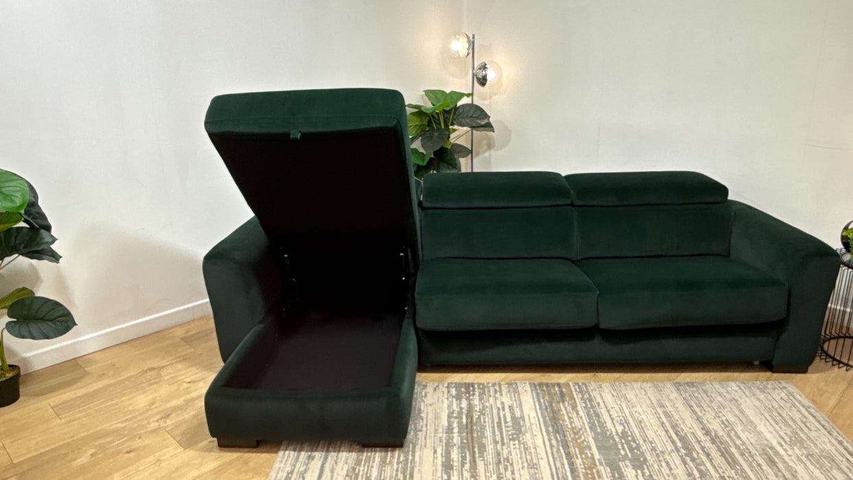 Sofology Metropolitan Fabric Chaise 4 Seater Sofa Bed with Storage in Lifestyle Mottled Dark Green