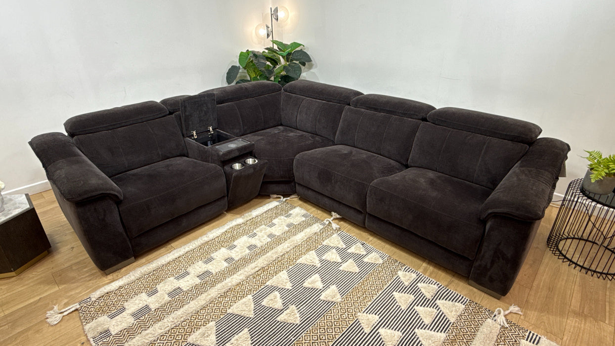 Sofology Carrera Fabric 1.5 Smart Console Corner 3 Power Recliner/Headrest in Relaxed Chenille Raisin