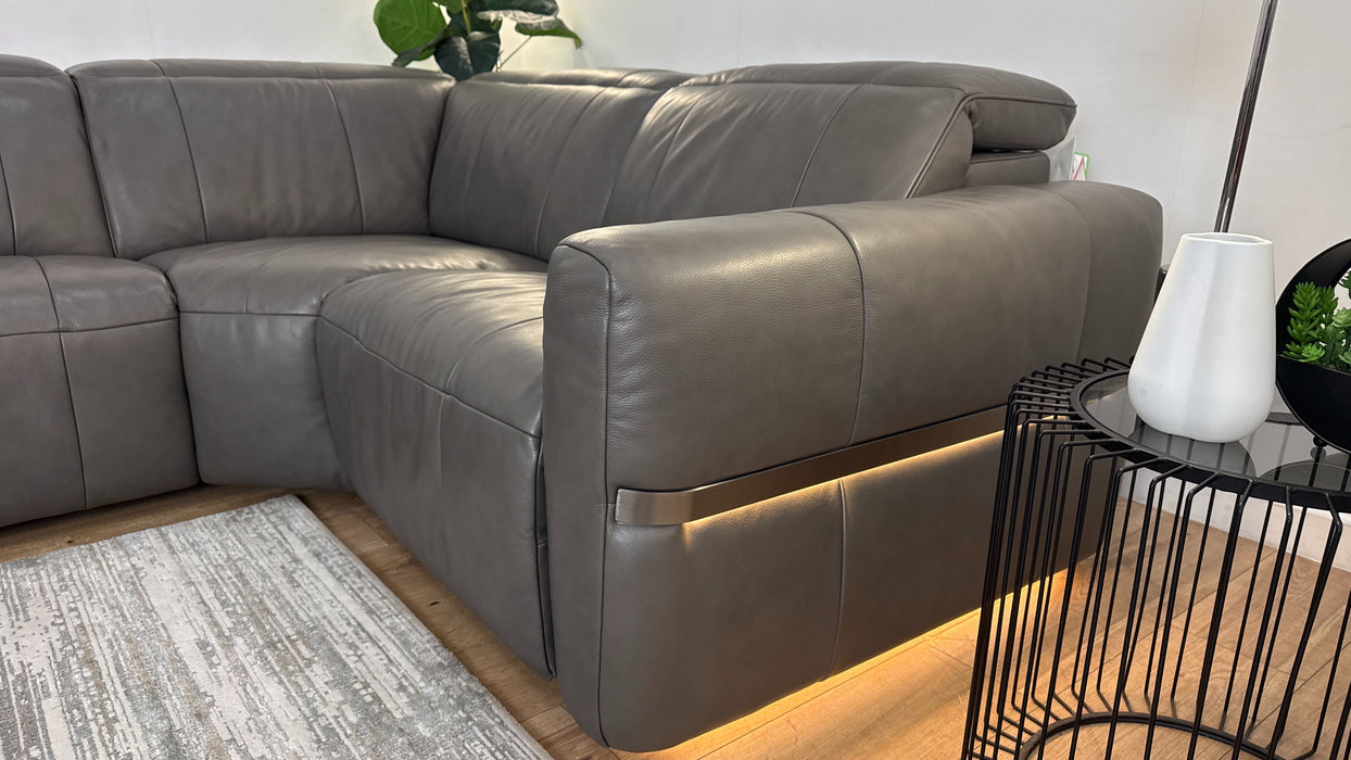 Sofology Lumiere Leather 3 Corner 1.5 Power Recliner/Headrest Heated Seat in Trusty Embossed Grey