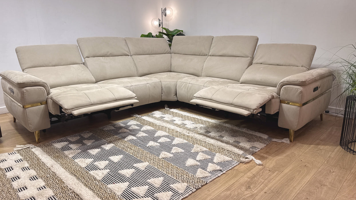 Sofology Milan Fabric 3 Corner 3 Power Recliner/Headrest Heated Seats Lumbar Support with Trim in Lifestyle Nubuck Feel Fabric Stone