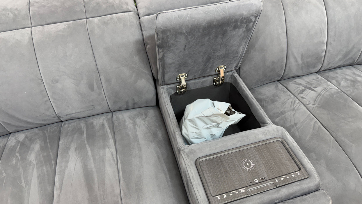 Sofology Paramount Leather 2.5 Seater Console Power Recliner/Headrest Heated Seats Speakers in Trusty Embossed Charcoal