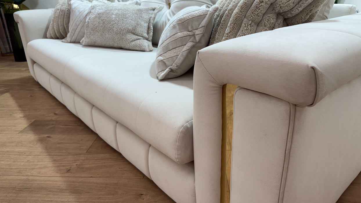 Sofology Oscar Fabric 4 Seater Gold Trim in Super Matt Velvet Ecru Mix