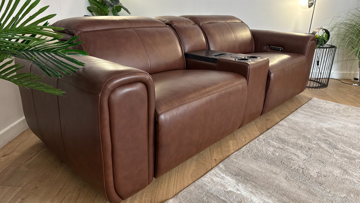 Sofology The Premiere 2.5 Seater Recliner Sofa Console in Trusty Embossed Leather Chestnut