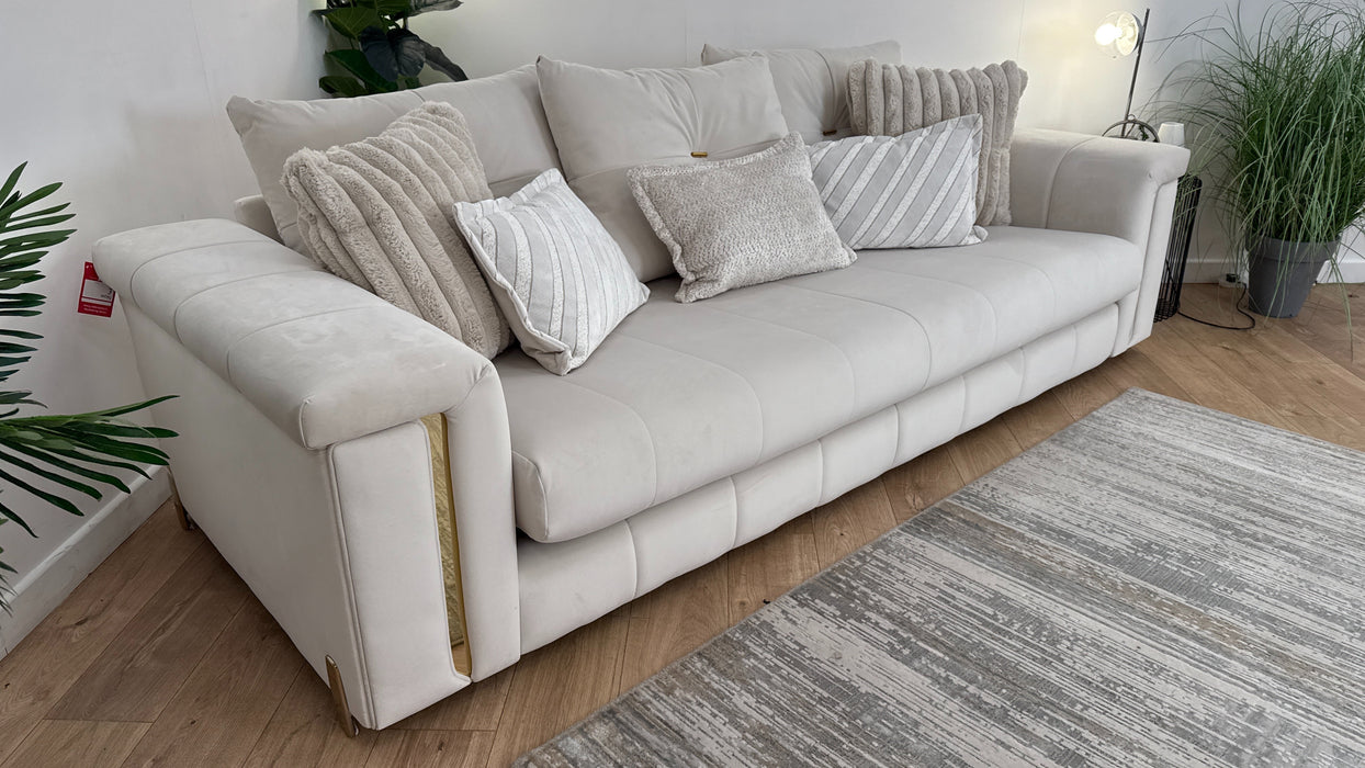 Sofology The Oscar Fabric 4 Seater Gold Trim in Super Matt Velvet Ecru Mix