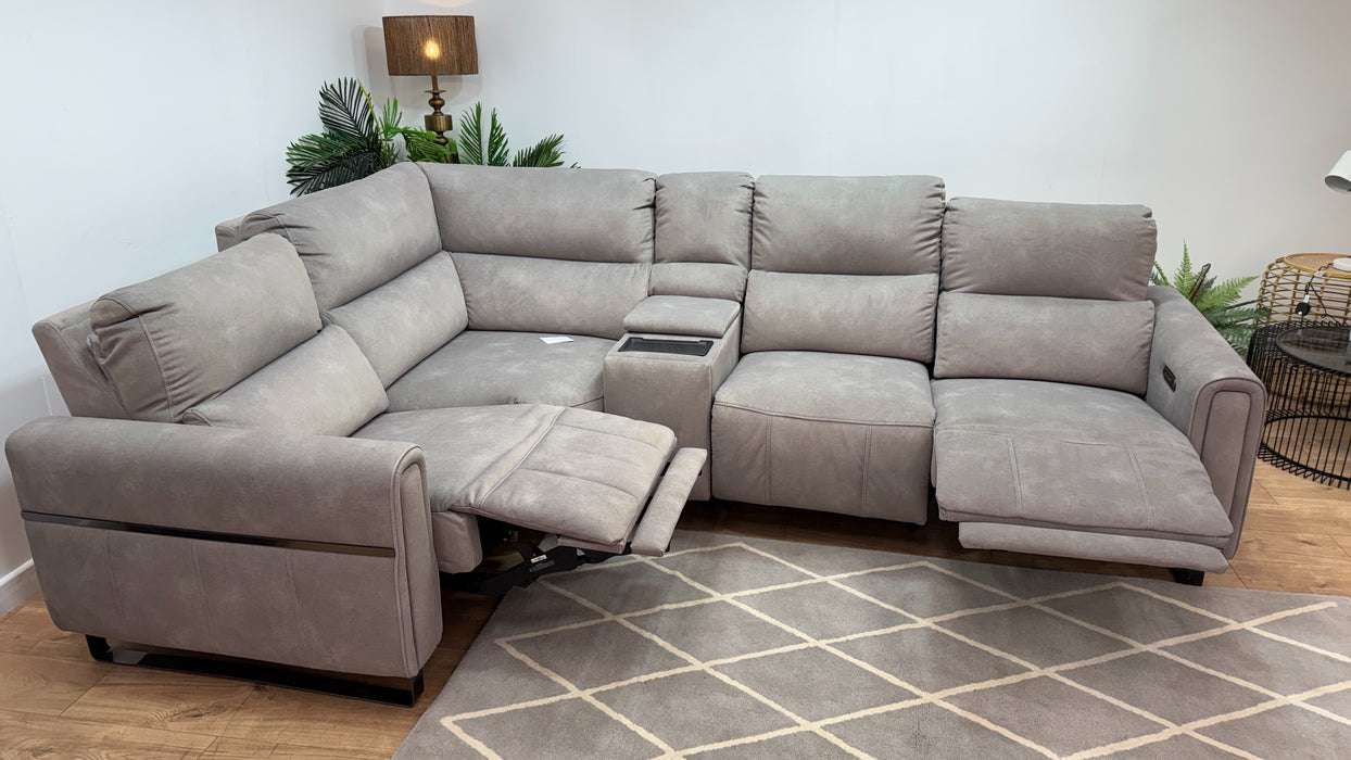 Sofology Ravello Fabric 1 Console Corner 2 Power Recliner/Headrest Lumbar Support in Lifestyle Flecked Stone