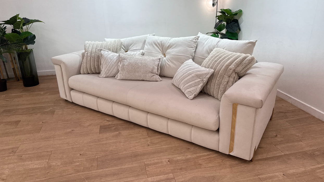 Sofology Oscar Fabric 4 Seater Gold Trim in Super Matt Velvet Ecru Mix