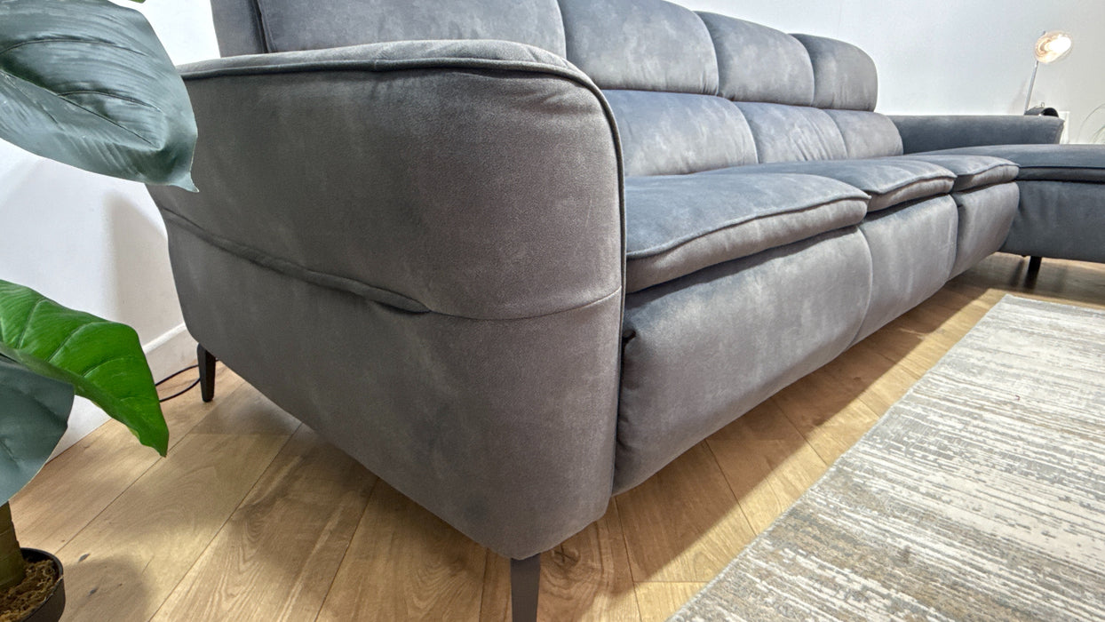 Sofology Viento Fabric 4 Seater Chaise Power Recliner/Headrest Lumbar Heated Seat in Lifestyle Flecked Charcoal