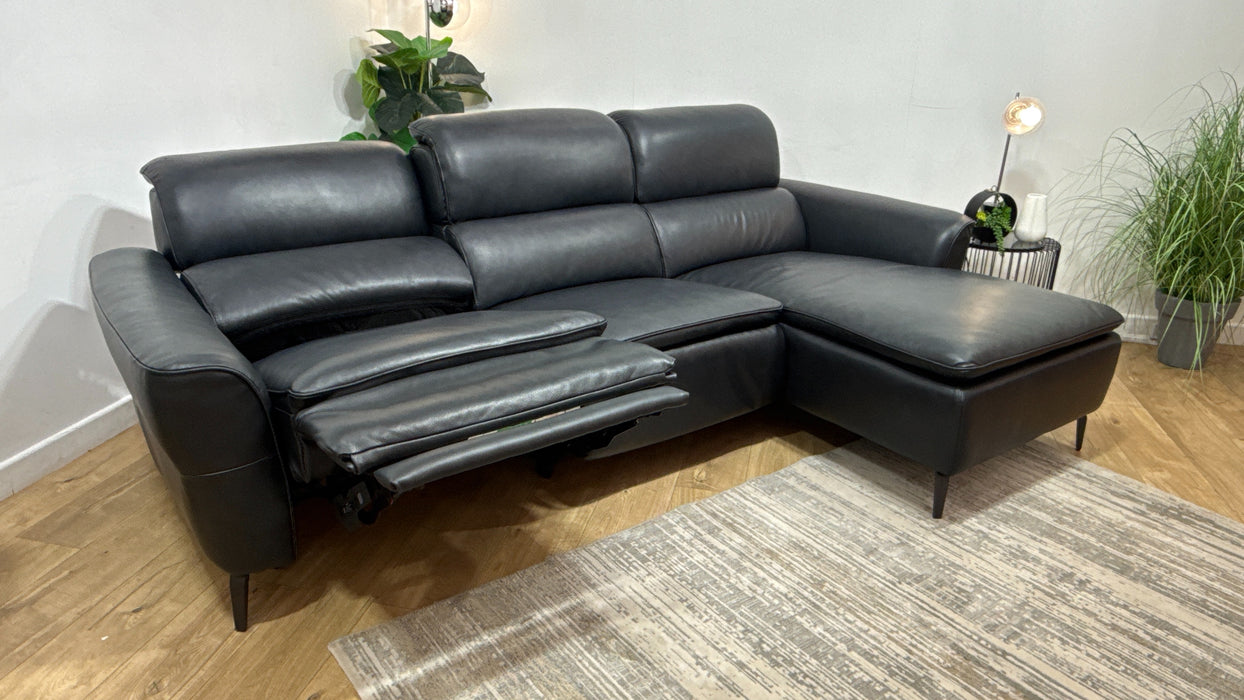 Sofology Viento Leather 3 Seater Chaise Power Recliner/Headrest Lumbar Heated Seat in Trusty Embossed Navy