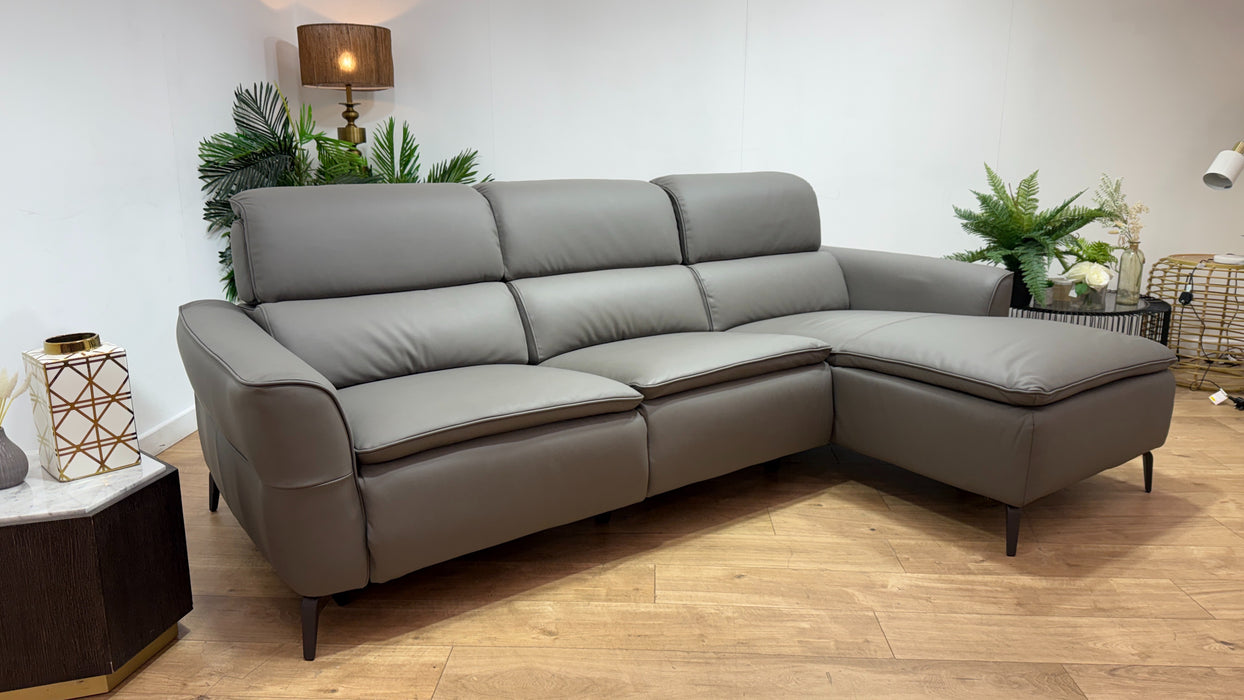 Sofology Viento Leather 3 Seater Chaise Power Recliner/Headrest Lumbar Heated Seat in Trusty Super Matt Storm Grey